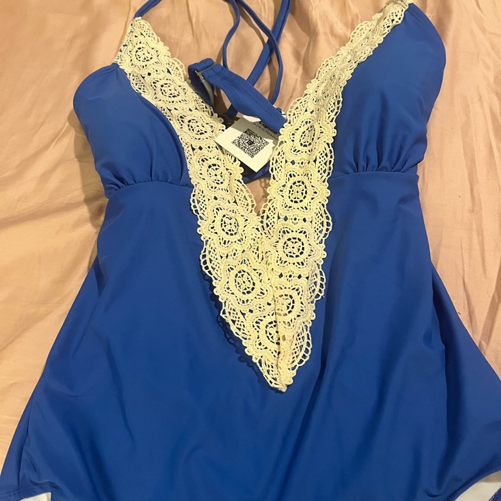 Cupshe Blue Cream Embellished Bustier Swimsuit